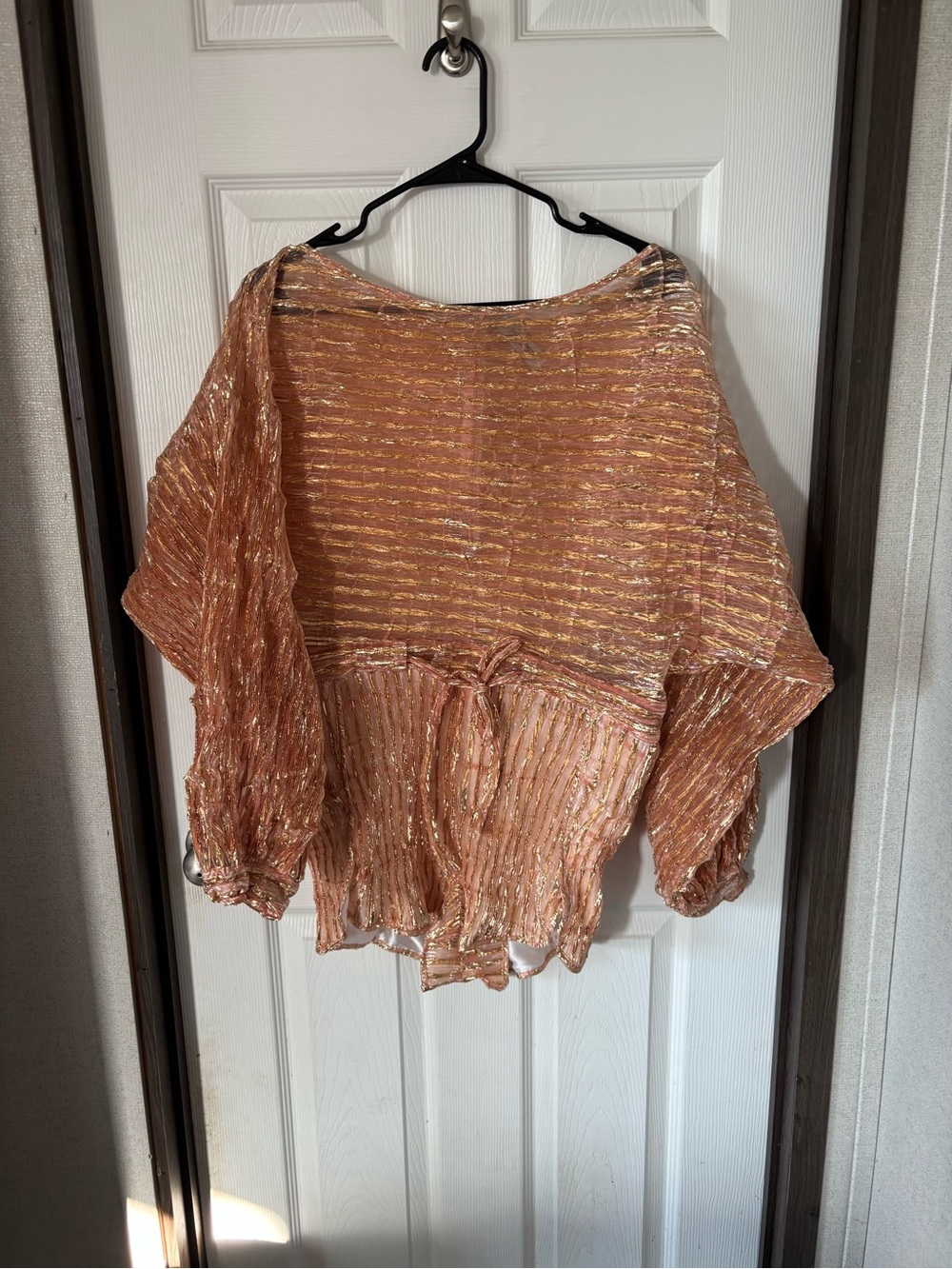 Rachel Comey Peach Metallic-Striped Tie-Waist Blouse attached with short.